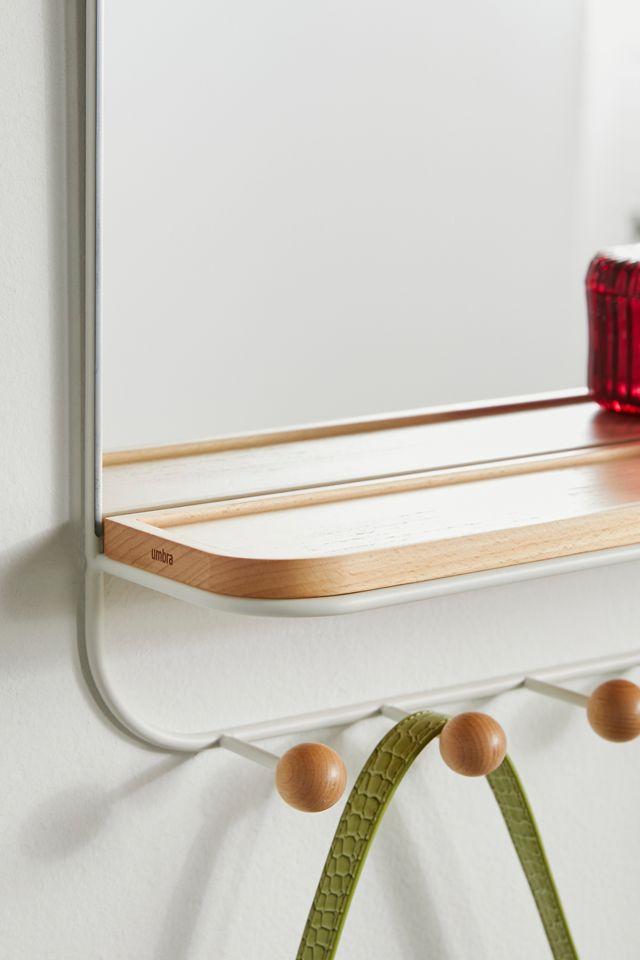 White Wood Rectangular Mirror with Hooks and Tray