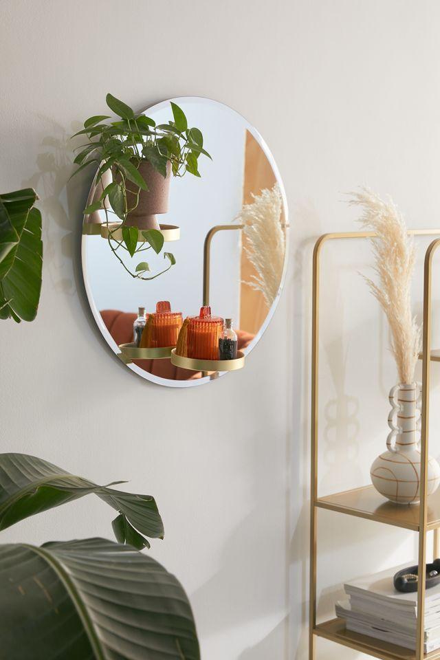 Frameless Round Wall Mirror with Brass Shelves