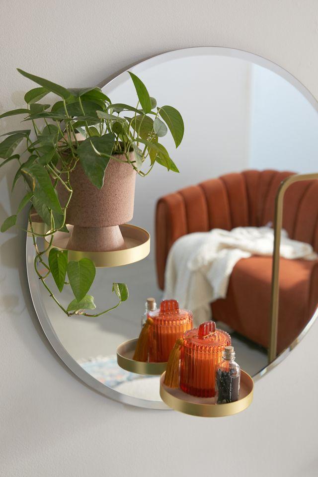 Frameless Round Wall Mirror with Brass Shelves