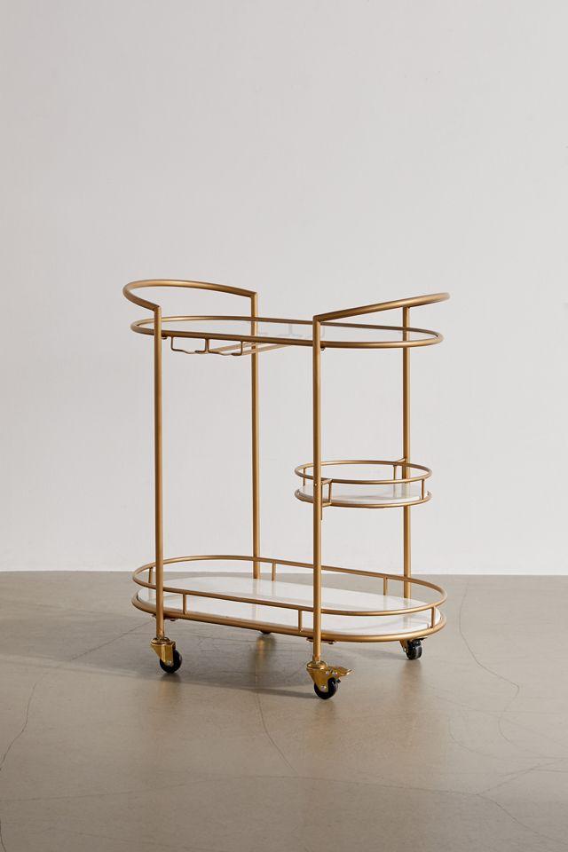 Elegant Gold Oval 3-Tier Marble and Glass Bar Cart with Wheels