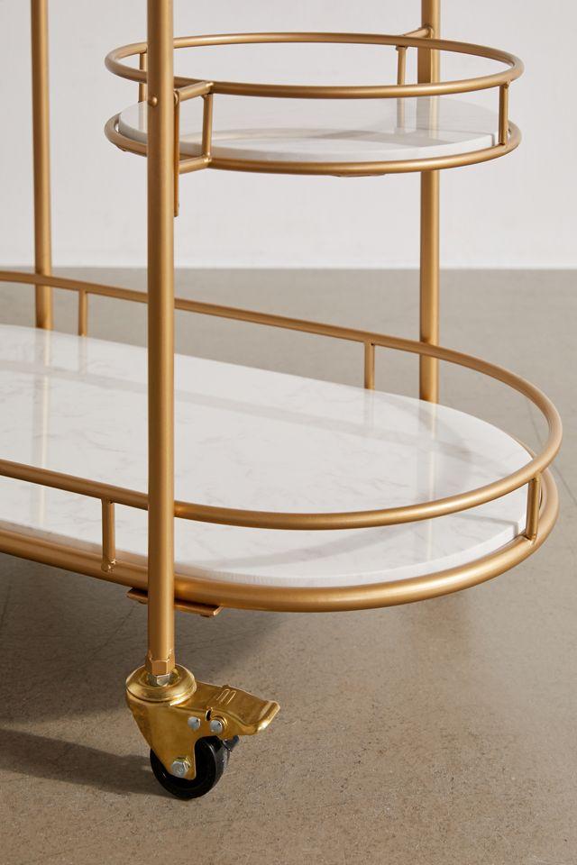 Elegant Gold Oval 3-Tier Marble and Glass Bar Cart with Wheels