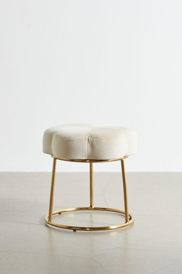 Boho Luxe White Velvet Floral Vanity Stool with Gold Base