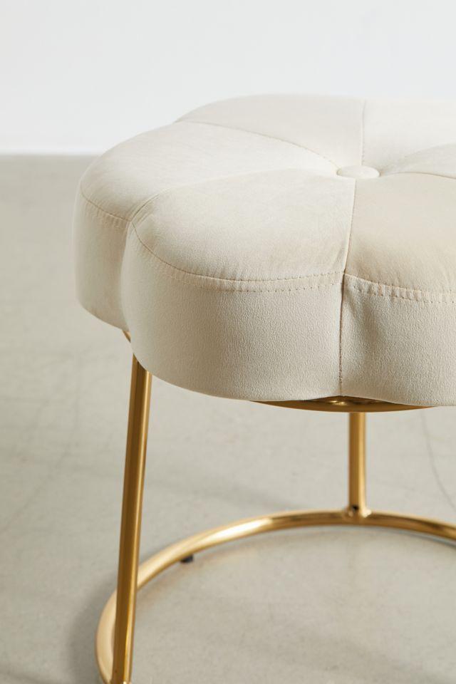 Boho Luxe White Velvet Floral Vanity Stool with Gold Base