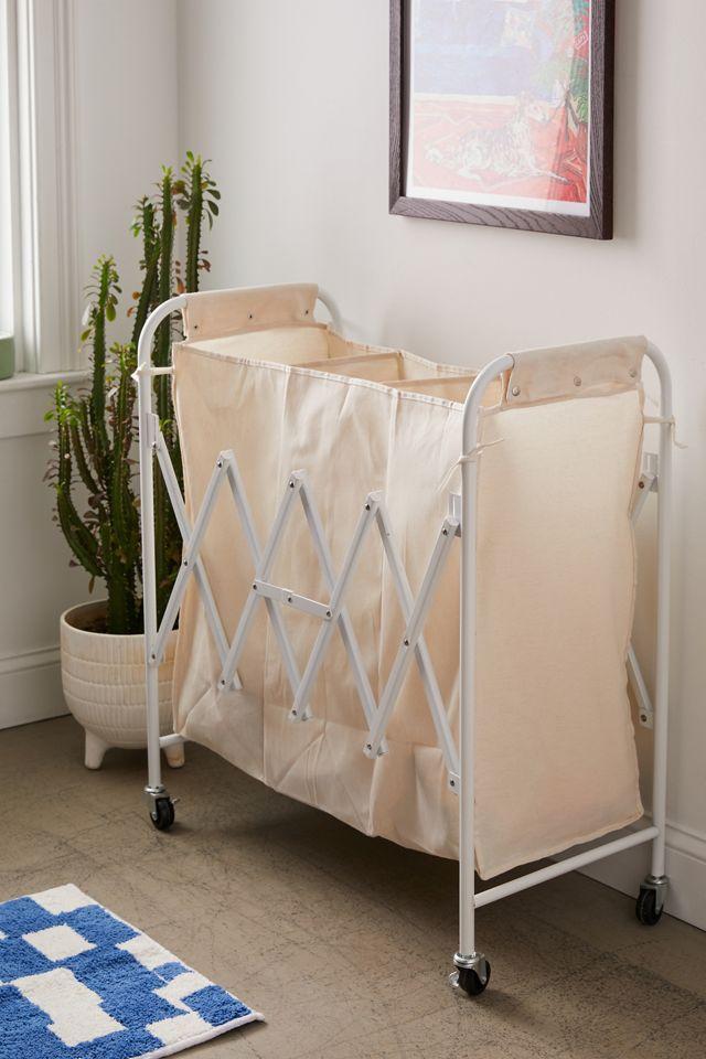 White Canvas Collapsible Triple Laundry Sorter with Wheels