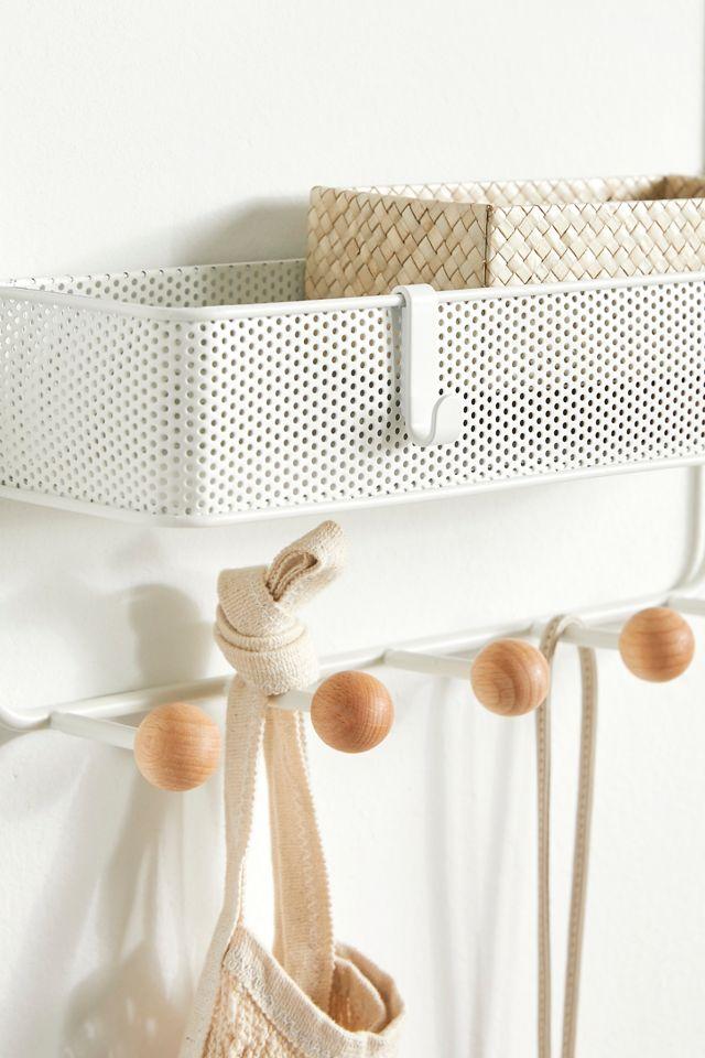 Estique White/Natural 10-Hook Wall Shelf with Perforated Metal Basket