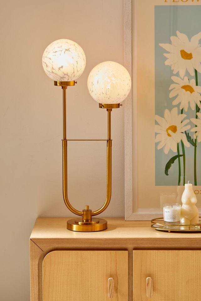 Elegant Twin-Arm Gold Finish Table Lamp with White Frosted Glass Shades