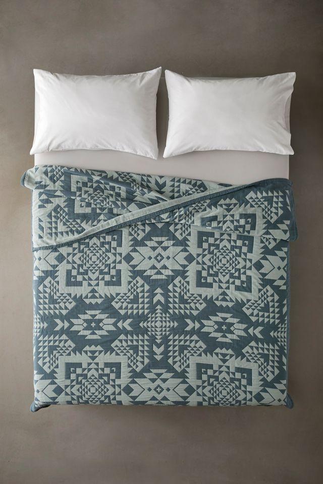 Turquoise Cotton Matelasse Blanket with Geometric Pattern