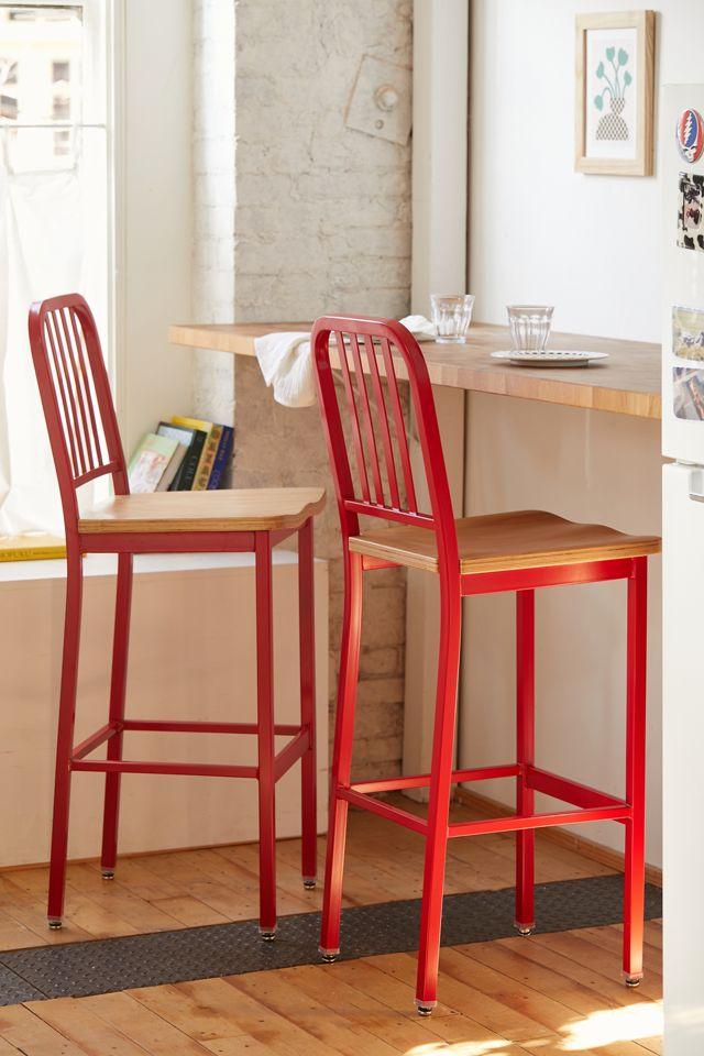 Red Steel and Beechwood Mid-Century Bar Stools, Set of 2