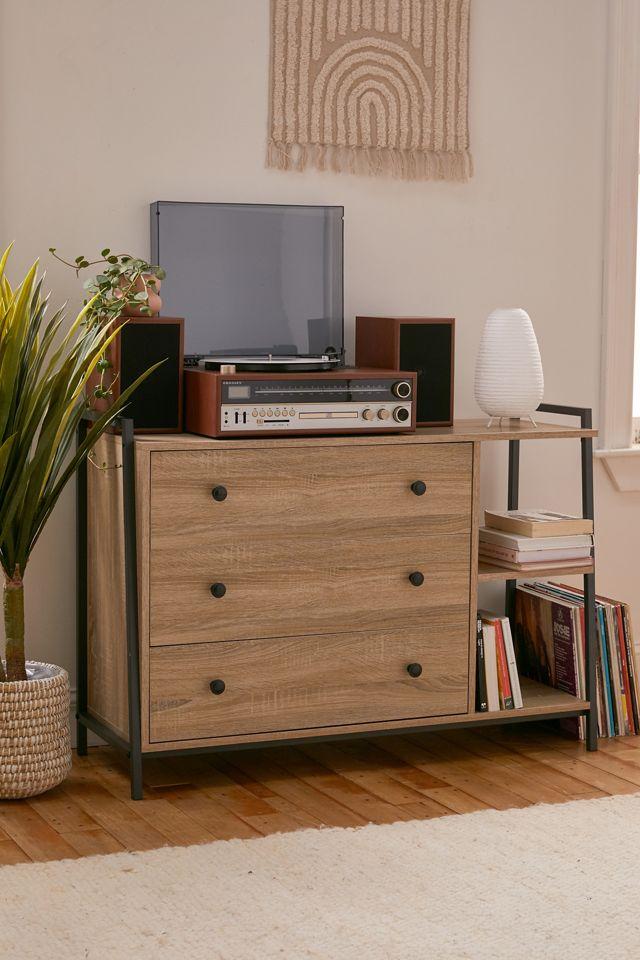 Charter Oak and Black Metal 3-Drawer Dresser with Open Shelves