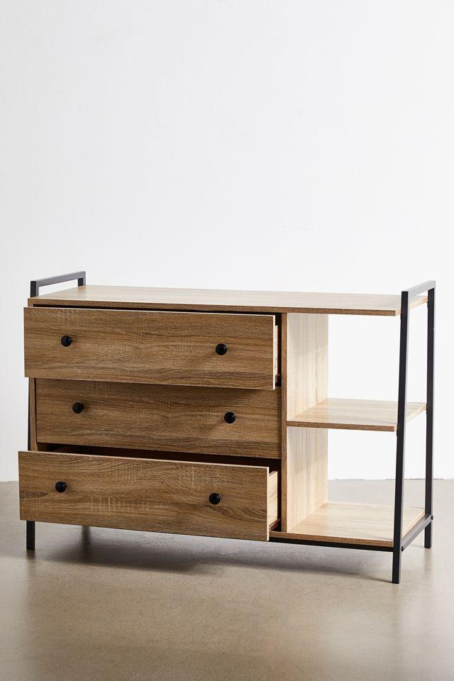 Charter Oak and Black Metal 3-Drawer Dresser with Open Shelves