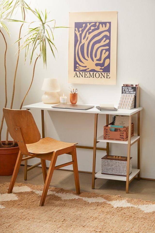 Modern White and Gold Desk with Open Shelves and Metal Frame