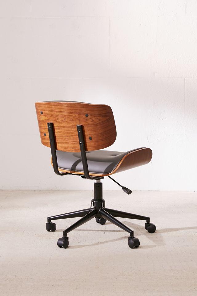 Contemporary Gray Leather and Walnut Wood Task Chair with Swivel