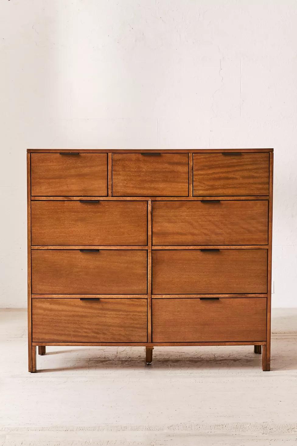 Rustic Jute-Brown 9-Drawer Dresser with Bronze Accents