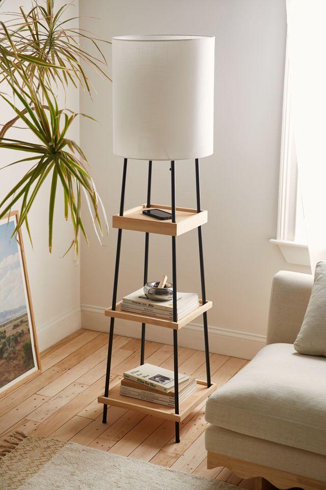 Adesso 63'' Black and Natural Wood Shelf Floor Lamp with USB