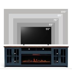 DeeHome Bridgevine Home Nantucket 97 inch Fireplace TV Stand Console for TVs up to 100 inches, Blue Denim and Whiskey Finish