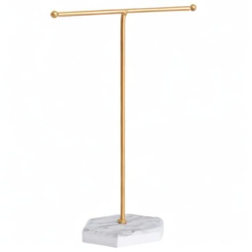 Jewelry Organizer Stand Display Necklace Holder T-Bar Plated Metal Desk Organizer Tower for Show Jewelry Hanging Pendant Earring Bracelet Ring Accessorie with White Marble Plywood Bases, White