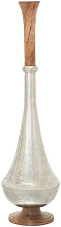 Tall Silver and Wood Floor Vase with Slender Neck