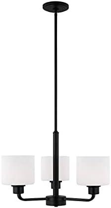 Canfield 3-Light Midnight Black Modern Minimalist Hanging Drum Chandelier with Etched White Glass Shades