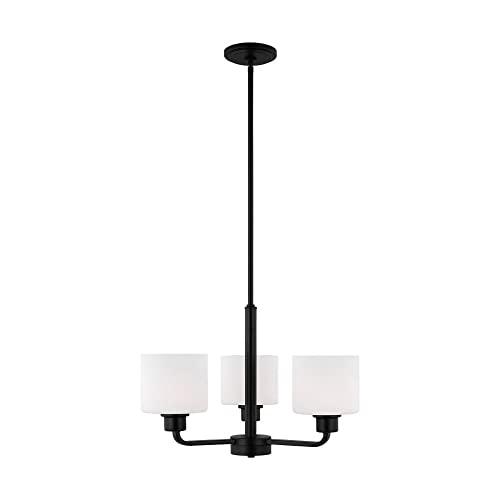 Canfield 3-Light Midnight Black Modern Minimalist Hanging Drum Chandelier with Etched White Glass Shades