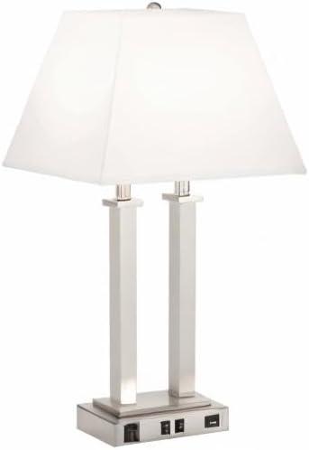 Possini Euro Design Amity Modern Table Lamp 26" High Brushed Nickel with USB and AC Power Outlet in Base White Linen Shade for Bedroom Bedside Desk