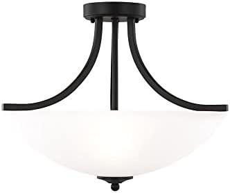 Generation Lighting Geary 3 -Light Midnight black Transitional Etched glass Bowl Medium Hanging Convertible pendant/Semi-flush