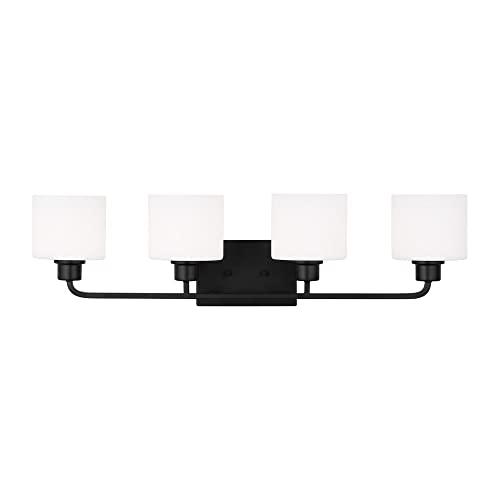 Canfield 31 in. 4-Light Midnight Black Minimalist Modern Wall Bathroom Vanity Light with Etched White Glass Shades