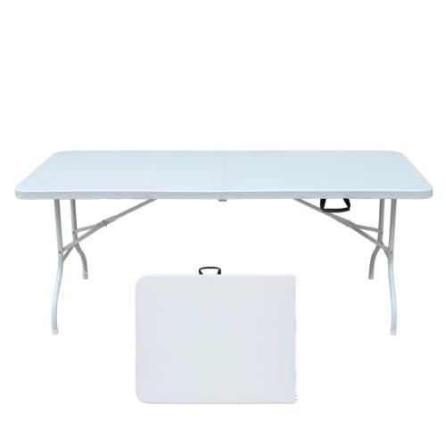 6FT Placstic Folding Camping Table, Indoor Outdoor Heavy Duty Portable Table with Carrying Handle for Dining Picnic Party, Easy to Clean, White
