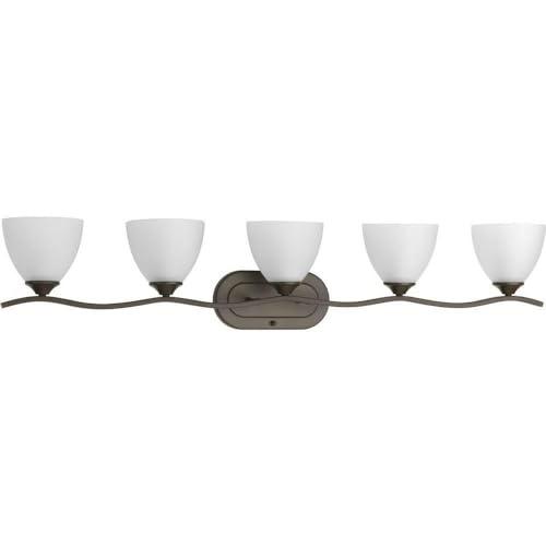 Progress Lighting Laird 5-Light Bath Vanity, Brushed Nickel, Glass Shades, Up/Down Mounting, Damp Rated