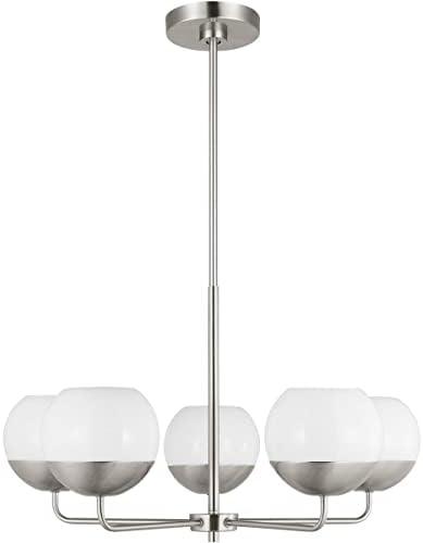 Alvin Midcentury 5-Light Brushed Nickel Chandelier with Milk Glass Shades