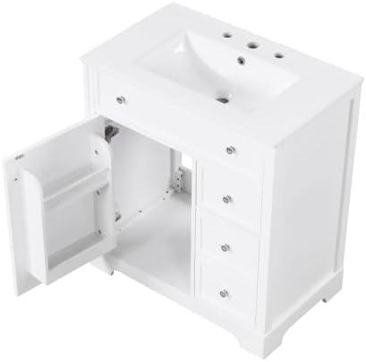 30" White Solid Wood Freestanding Bathroom Vanity with Ceramic Sink