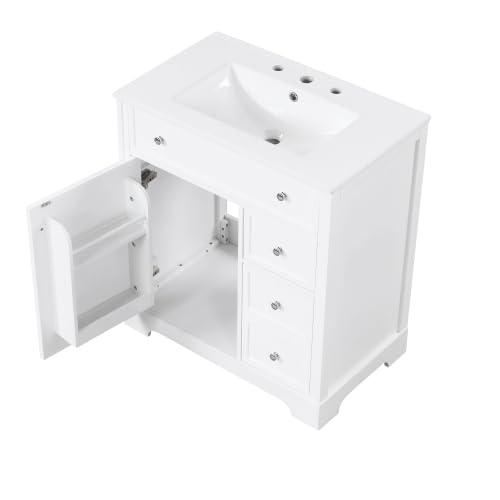 30" White Bathroom Vanity with Single Sink Combo, Modern Undermount Bathroom Sink Cabinet with 2 Drawers and a Tip-Out Drawer, Freestanding Bathroom Vanities, Soft Closing, Solid Wood Frame (New II)