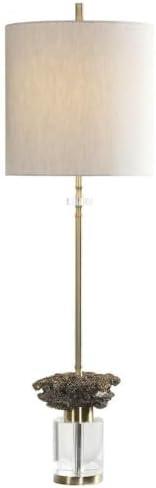 Uttermost Modern Buffet Table Lamp 34" Tall Brushed Brass Crystal Oatmeal Linen Drum Shade for Living Room Bedroom House Dining