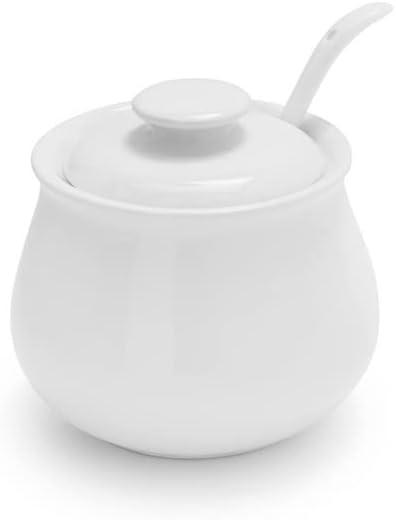 White Porcelain Sugar Bowl with Lid and Spoon