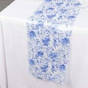 Efavormart 12"x108" White Blue Chinoiserie Floral Print Satin Table Runner