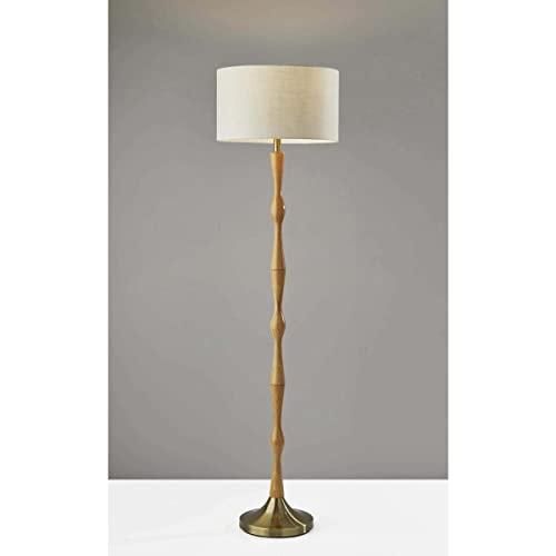 Antique Brass & Natural Oak Off-White Shade Modern Bohemian Floor Lamp