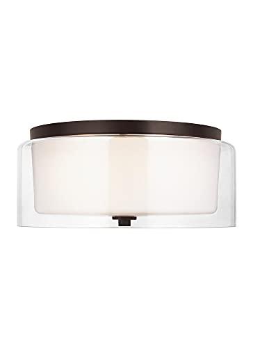 Elmwood Park 14 in. 2-Light Bronze Modern Transitional Flush Mount with Satin Etched Glass Shade