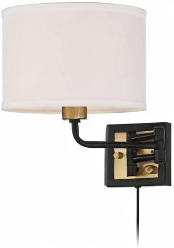 360 Lighting Joelle Modern Swing Arm Wall Lamp Brass Black Plug-in Light Fixture Fabric Drum Shade for Bedroom Bedside Living Room Reading Home House