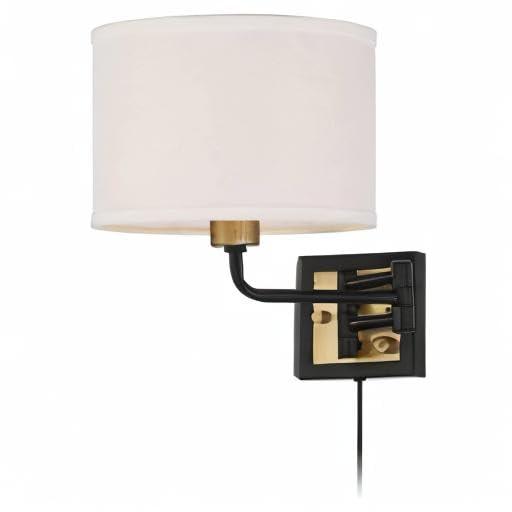 360 Lighting Joelle Modern Swing Arm Wall Lamp Brass Black Plug-in Light Fixture Fabric Drum Shade for Bedroom Bedside Living Room Reading Home House