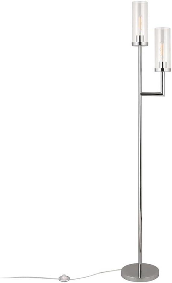 Evelyn&Zoe Basso 2-Light Torchiere Floor Lamp with Glass Shade in Polished Nickel/Clear