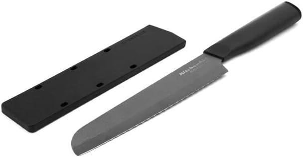 Kitchenaid Classic Ceramic Serrated Bread Knife with Endcap and Blade Cover, 6-inch, Black