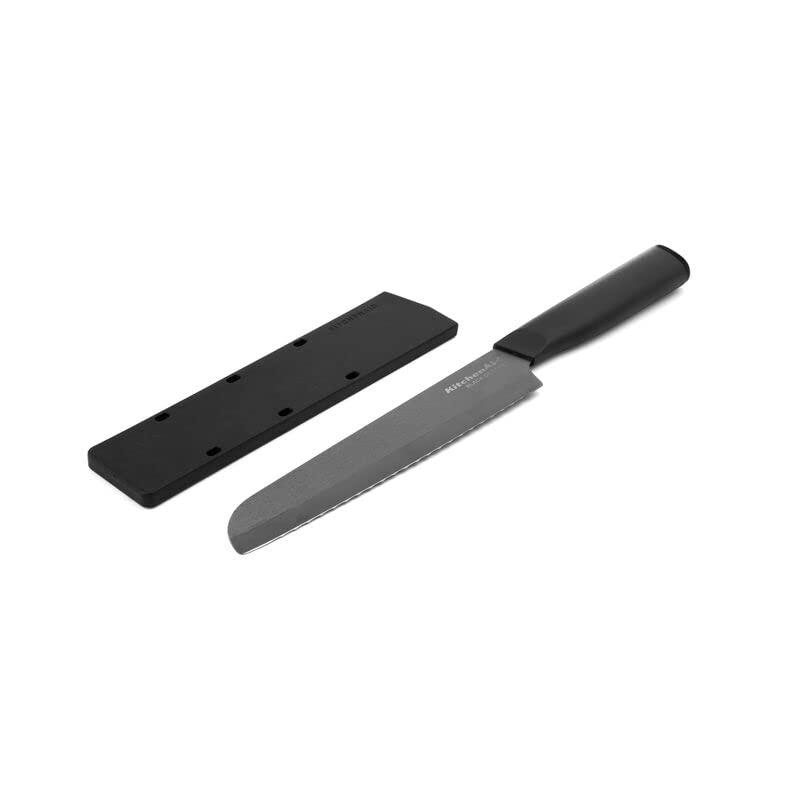 Kitchenaid Classic Ceramic Serrated Bread Knife with Endcap and Blade Cover, 6-inch, Black