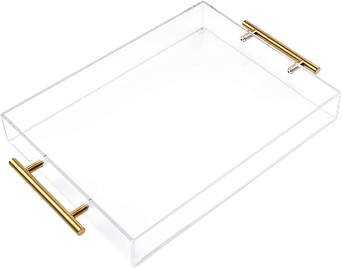 12"x12" Clear Acrylic Serving Tray with Golden Handles, Huge Capacity Sturdy Acrylic Tray for Coffee, Juice, Kitchen and Desk Organizer, Storage Tray (12"x12")