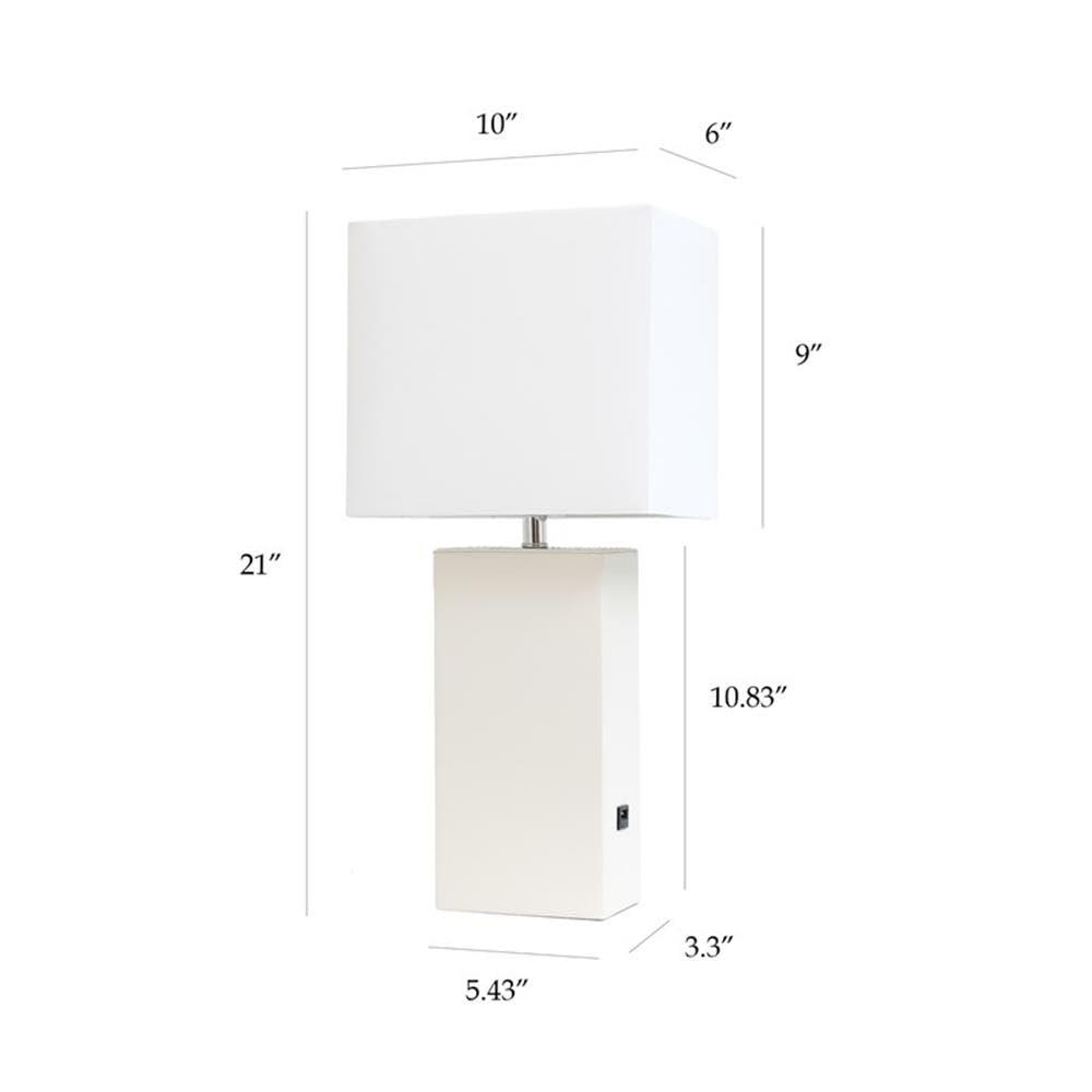 Lalia Home 21" Lexington Leather Base Modern Home Decor Bedside Table Lamp with USB Charging Port White : Fabric Shade