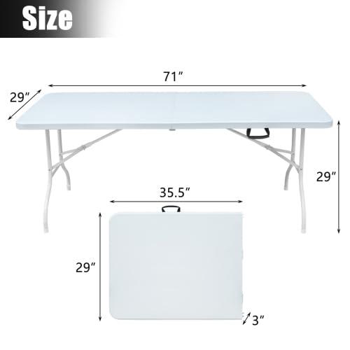 6FT Placstic Folding Camping Table, Indoor Outdoor Heavy Duty Portable Table with Carrying Handle for Dining Picnic Party, Easy to Clean, White