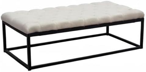 Large Beige Linen Upholstered Bench with Black Metal Base