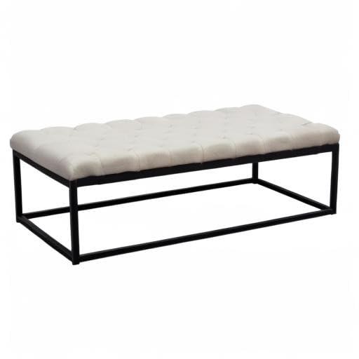 Large Beige Linen Upholstered Bench with Black Metal Base