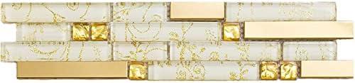 Metallic Glass Tile Luxury Gold Linear Interlocking Elegant Floral Pattern Accents Mosaic for Kitchen Backsplash Bathroom Wall and Fireplace Decor (3x12 Sample)