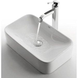 Kraus C-KCV-122-1007CH Ceramic Rectangular Vessel Bathroom Sink with Faucet