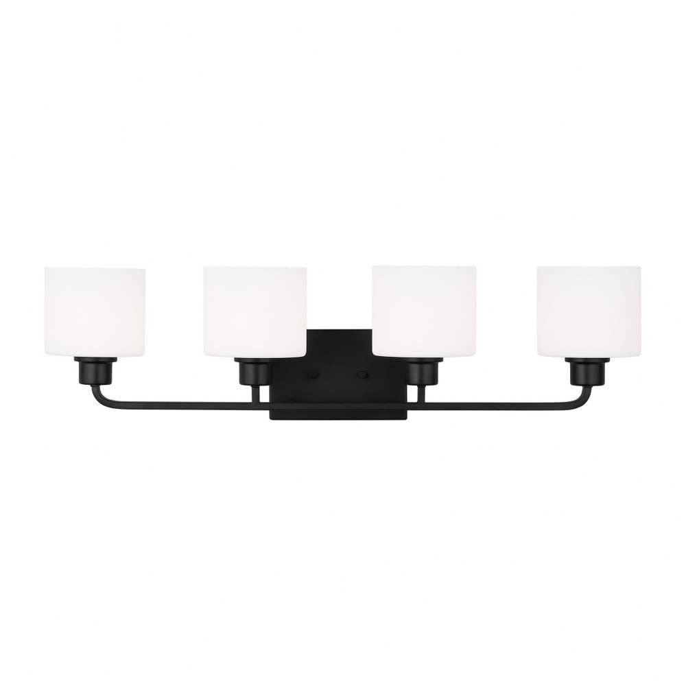 Canfield 31 in. 4-Light Midnight Black Minimalist Modern Wall Bathroom Vanity Light with Etched White Glass Shades