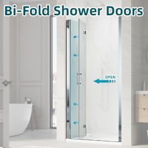 Sunny Shower Bifold Pivot Swing Frameless Shower Door in Black 34 in.W x 72 in.H